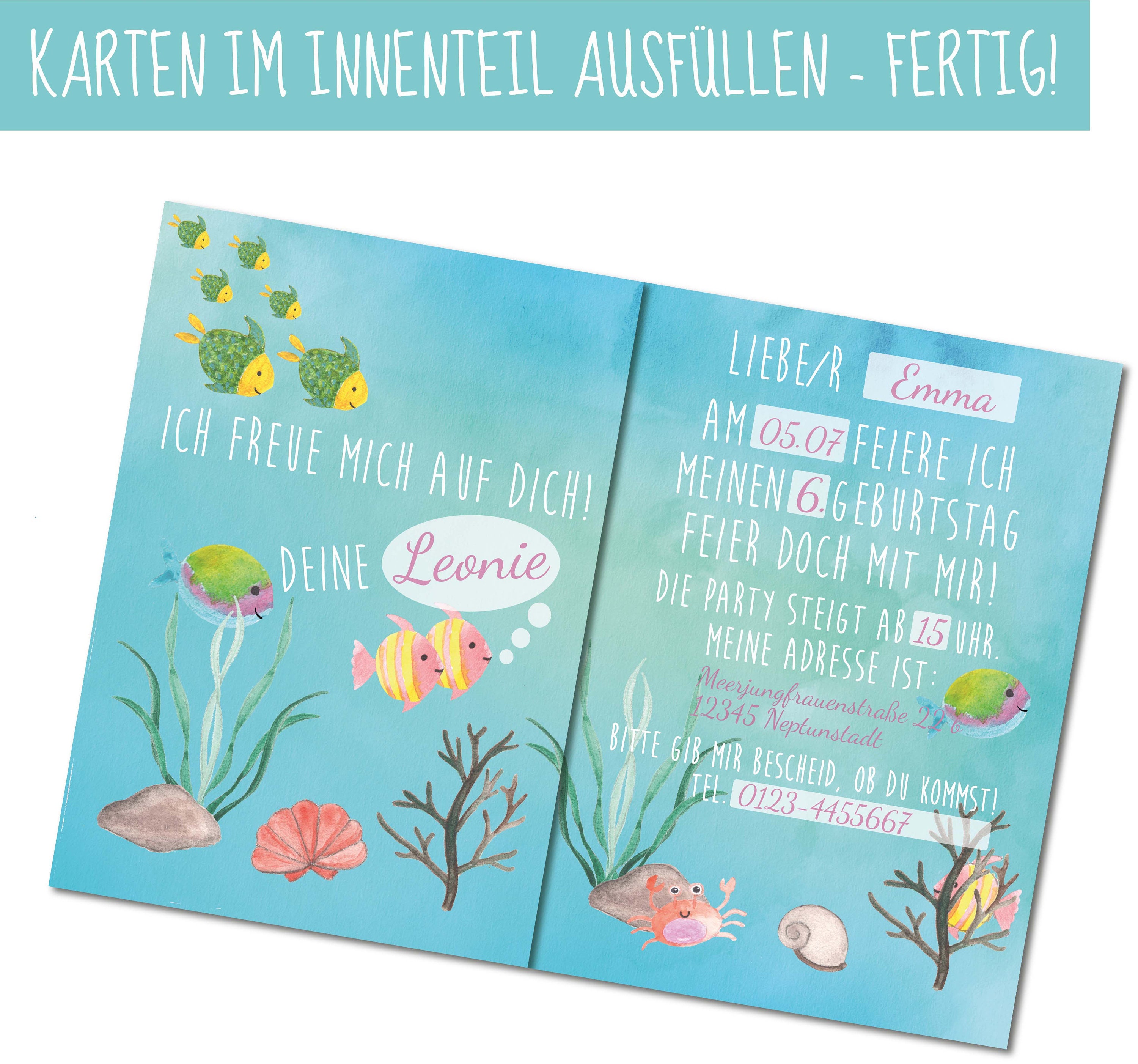 10 Meerjungfrau Einladungskarten Für Kindergeburtstag – Mit Lilafarbenen Umschlägen, 12,7 X 17,8 Cm