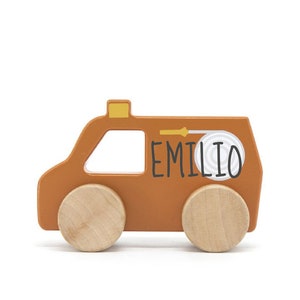 Wooden fire engine personalized with name / 12 x 7.5 5 cm / ideal as a gift for birth or birthday