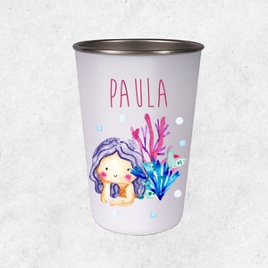Drinking cup for children with mermaid motif / printed with desired name / cup made of stainless steel with 400 ml capacity and 12 cm height