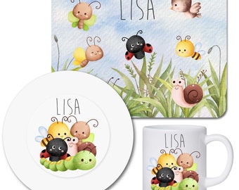 Set de vaisselle pour enfants personnalisé avec nom / planche à petit-déjeuner assiettes et tasses pour enfants avec nom / animaux du jardin