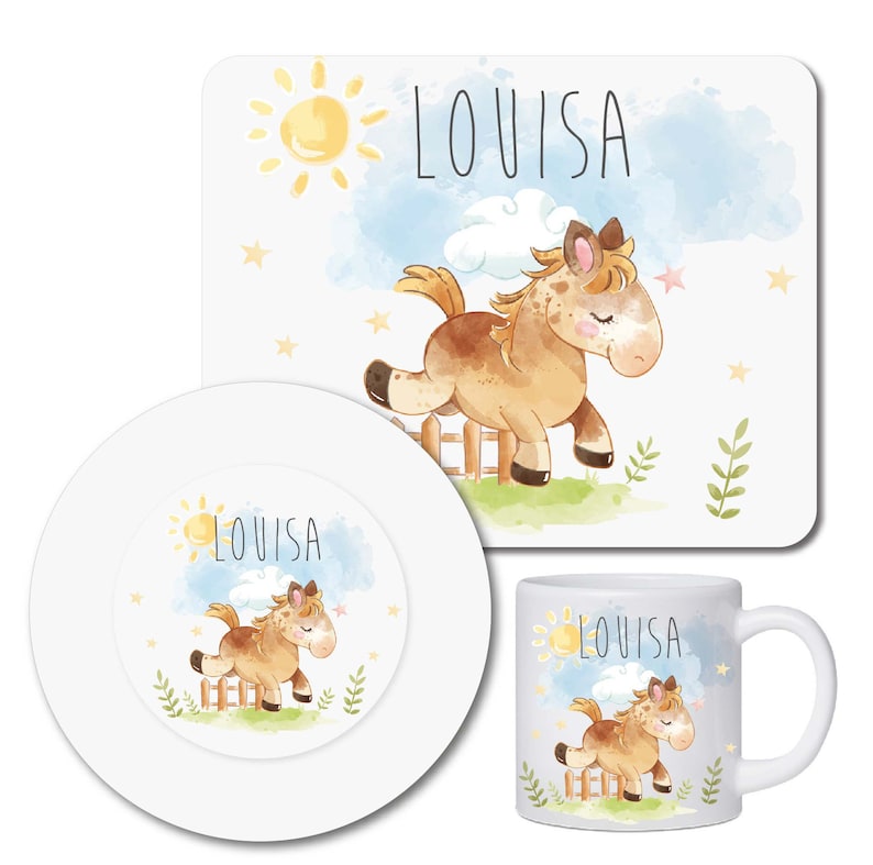 Children's tableware set personalized with name / breakfast board children's plates and cups with name made of melamine / horse image 1