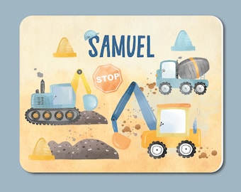 Breakfast board motif excavator printed with desired name / made of food-safe plastic / 20 x 25 cm