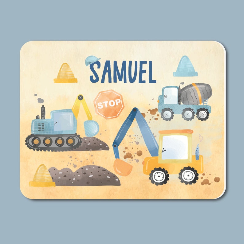 Breakfast board motif excavator printed with desired name / made of food-safe plastic / 20 x 25 cm image 1