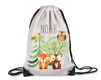 Gym bag motif forest / sports bag natural colors with edge protection and name personalized / 33 x 45 cm / for school, kindergarten & sports