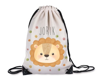 Borsa da palestra motivo leone 1 / borsa sportiva protezione e nome bordo colorato naturale / 33 x 45 cm / per scuola, asilo e sport