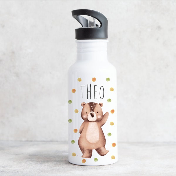 Drinking bottle made of stainless steel with bear motif for children / printed with desired name for school and sports / 500 ml capacity