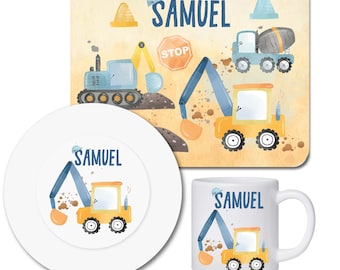 Set stoviglie per bambini personalizzato con nome/tagliere colazione piatti e tazze per bambini con nome/escavatore