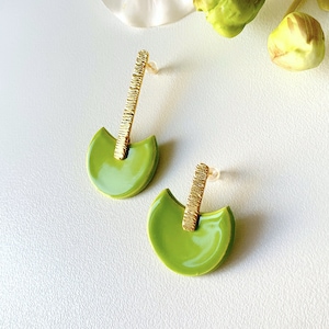 Green Clay Earrings, Geometric Statement Earrings, Dangle Earrings, Asymmetric Golden Earrings, Minimalist Earrings, Christmas Gift For Her