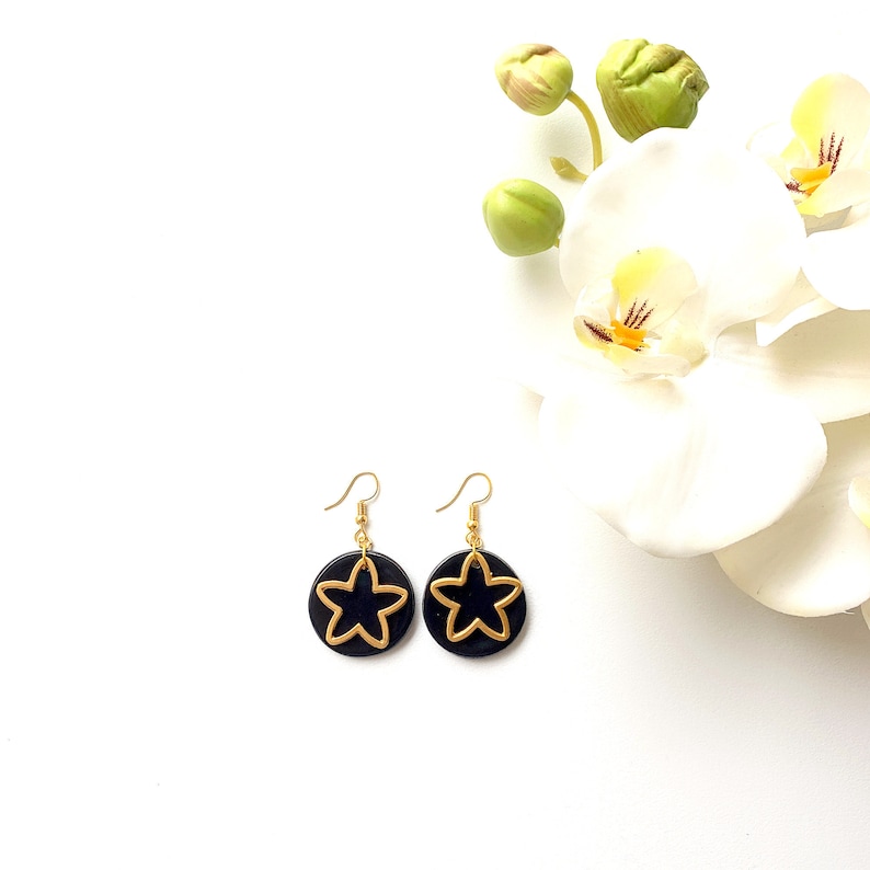 Geometric Clay Black Dangle Earrings Valentines Day Gift Golden Dangle Minimalist Ceramic Stud Earrings Golden Star Black Stud Earrings