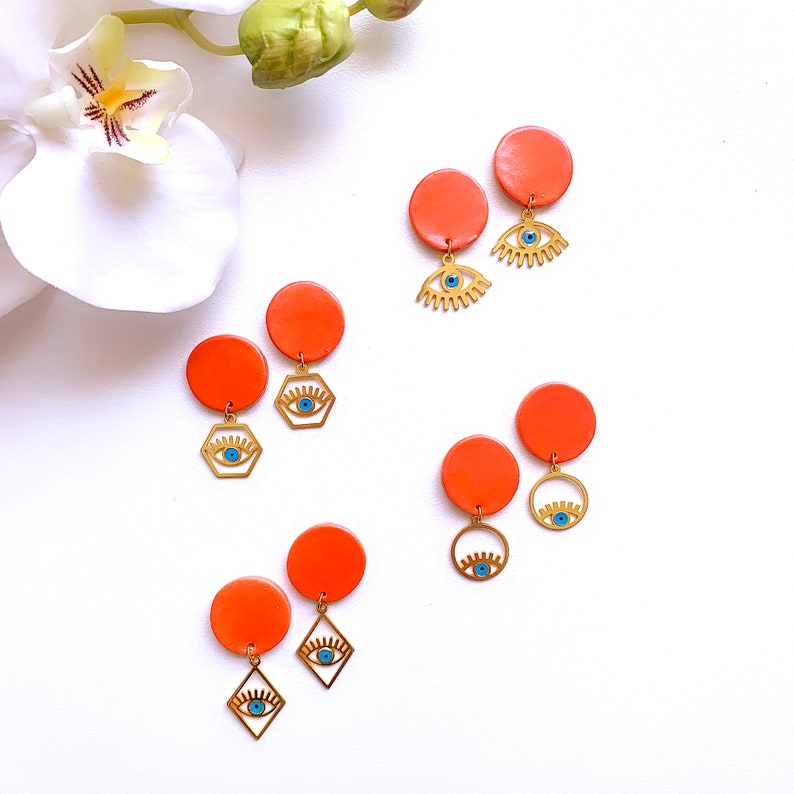Multi Color Evil Eye Stud Earrings Geometric Clay Dangle Etsy