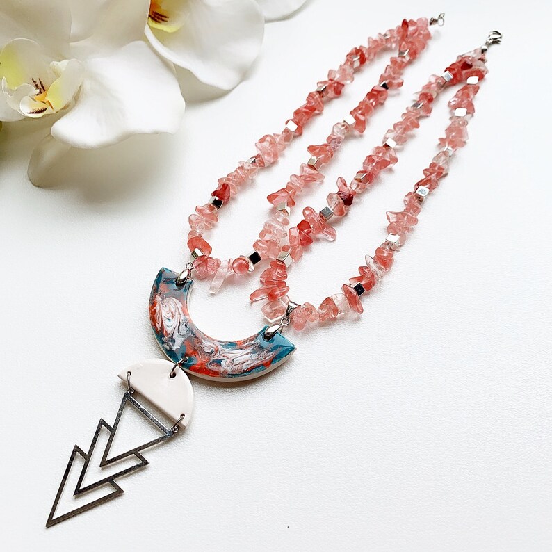 Silver Plated Accessory Ceramic Pendant Necklace Pink Necklace Handmade Multi Color Necklace Rose Quartz Natural Stone Necklace