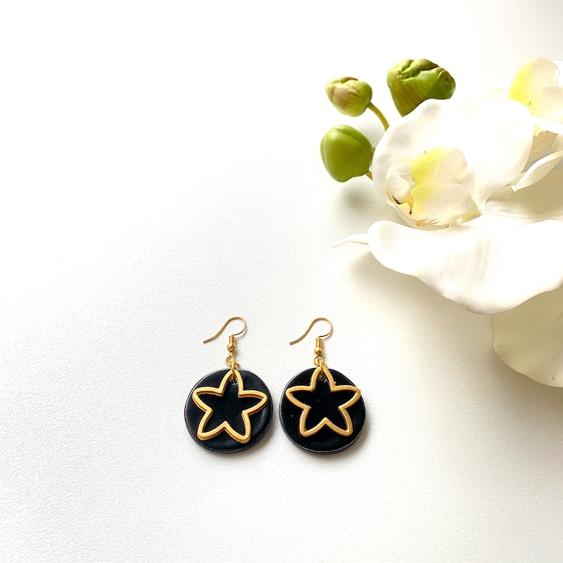 Geometric Clay Black Dangle Earrings Valentines Day Gift Golden Dangle Minimalist Ceramic Stud Earrings Golden Star Black Stud Earrings