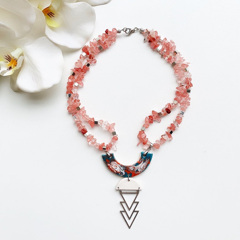 Silver Plated Accessory Ceramic Pendant Necklace Pink Necklace Handmade Multi Color Necklace Rose Quartz Natural Stone Necklace