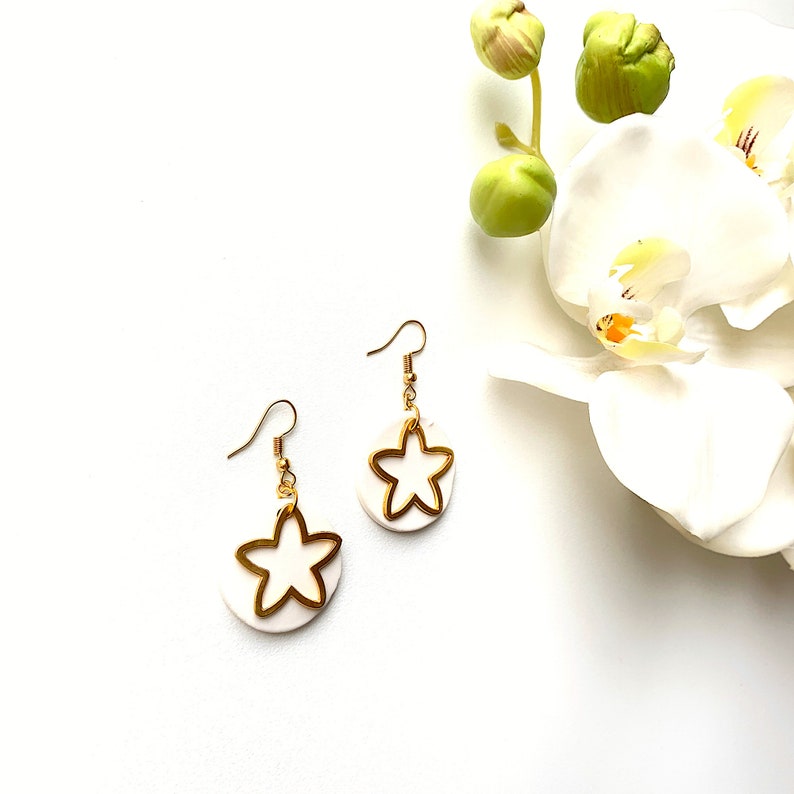 Geometric Clay Black Dangle Earrings Valentines Day Gift Golden Dangle Minimalist Ceramic Stud Earrings Golden Star Black Stud Earrings