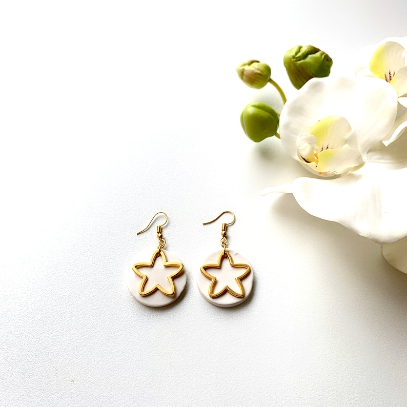 Geometric Clay Black Dangle Earrings Valentines Day Gift Golden Dangle Minimalist Ceramic Stud Earrings Golden Star Black Stud Earrings