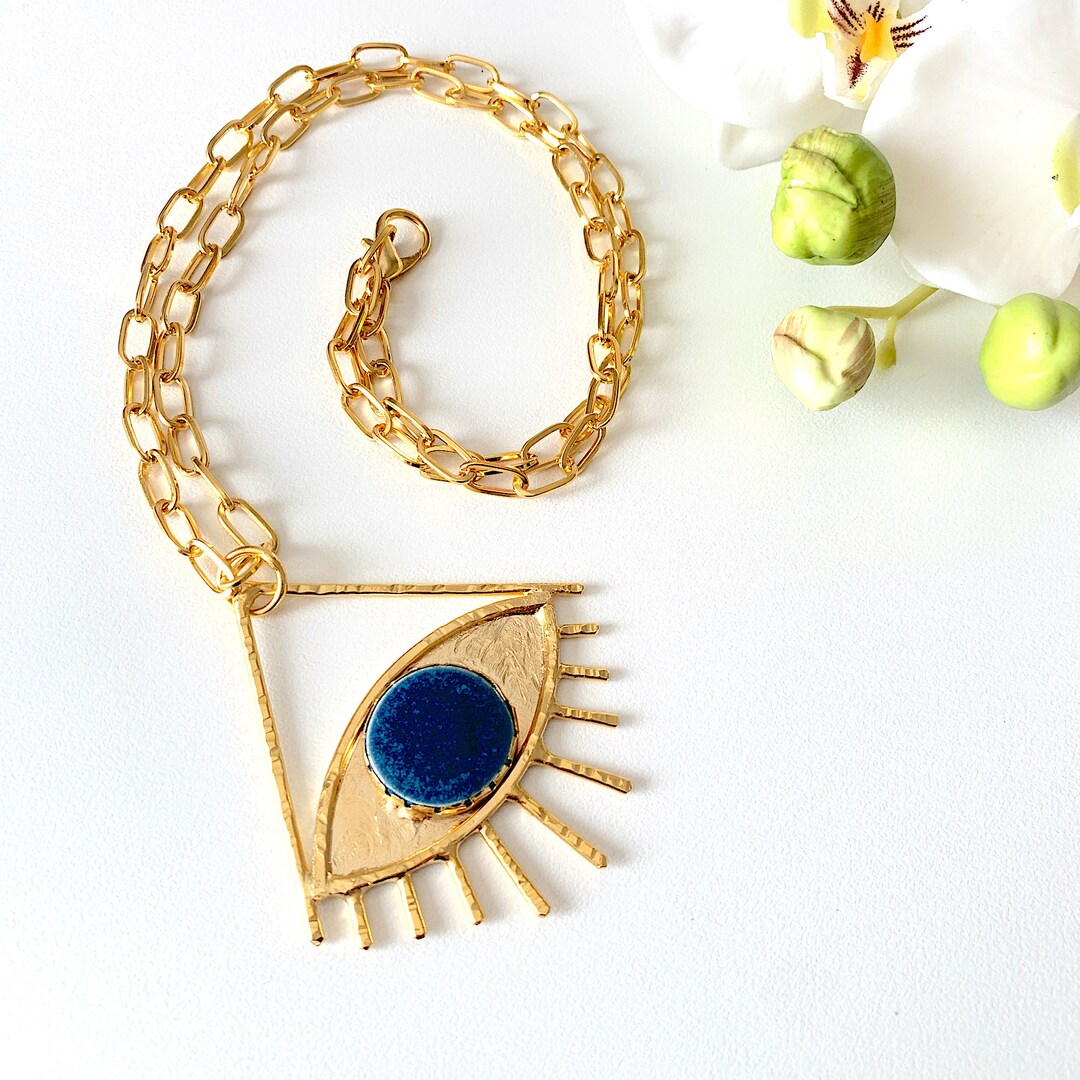 Gold Evil Eye Chain Necklace, Sapphire Blue Ceramic Pendant Statement