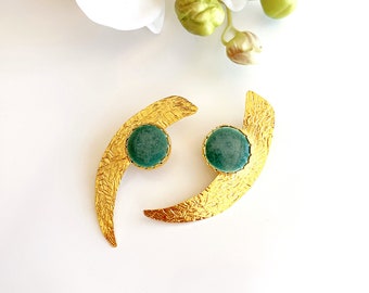 Green Golden Dangle Earrings, Geometric Clay Statement Earrings, Golden Stud Earrings, Design Earrings, Minimalist Contemporary Earrings