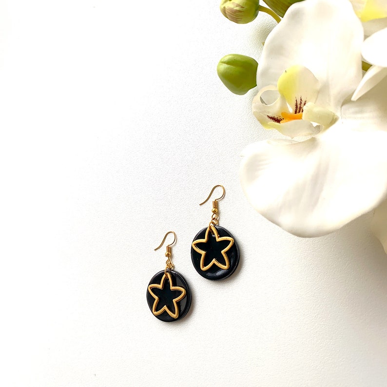 Geometric Clay Black Dangle Earrings Valentines Day Gift Golden Dangle Minimalist Ceramic Stud Earrings Golden Star Black Stud Earrings