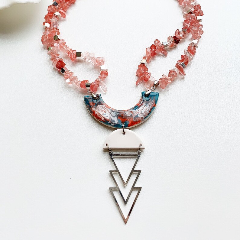 Silver Plated Accessory Ceramic Pendant Necklace Pink Necklace Handmade Multi Color Necklace Rose Quartz Natural Stone Necklace