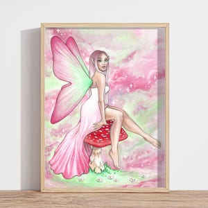 Fairy Sitting on Mushroom Art Print - Whimsical Artwork - Pastel Pink & Green Wall Art - Cottagecore Painting - Dreamy Fantasy Art Print