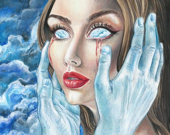 Pop Surrealism Painting Print Woman Crying Portrait Blood Tears Surreal Artwork Blue Wall Decor Spiritual Art Signed Fine Art Print