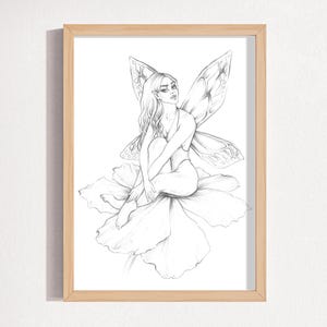Fee Kunstdruck - Bleistift Zeichnung Reproduktion - Fantasy Frau Skizze Mythischer Kunstdruck - Kleine Fee Wand Dekoration