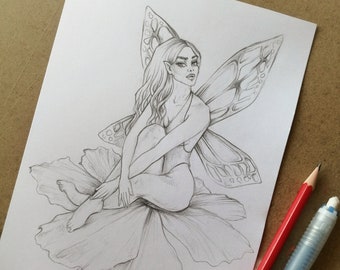 Fairy Sitting on Flower Illustration Print, Simple Graphite Pencil Drawing Fine Art Print, Fairy Drawing, Figure Art Sketch, Fantasy Art