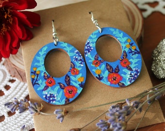 Hand Painted Folk Art Earrings, Blue Floral Dangle Earrings, Painted Flower Design, Wooden Earrings, Ethnic Jewelry, Wood Art Dangles