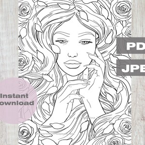 Adult Coloring Page, Beautiful Woman Portrait With Rose Flowers ...