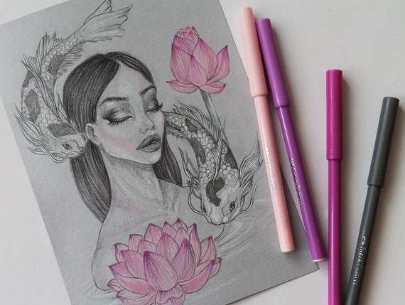 Mermaid Koi Fish Lotus Flowers Drawing Original Fantasy Art Pencil Drawing Beautiful Woman Artwork Spiritual Art Surrealism