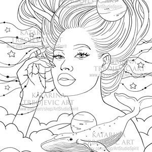 Adult Coloring Page, Goddess Woman Portrait With Whale, Printable ...