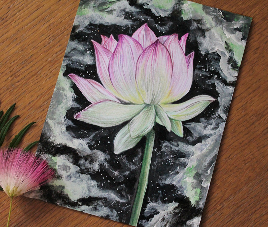 Lotus Original Painting, Mixed Media Art Colored Pencil Flower Drawing
