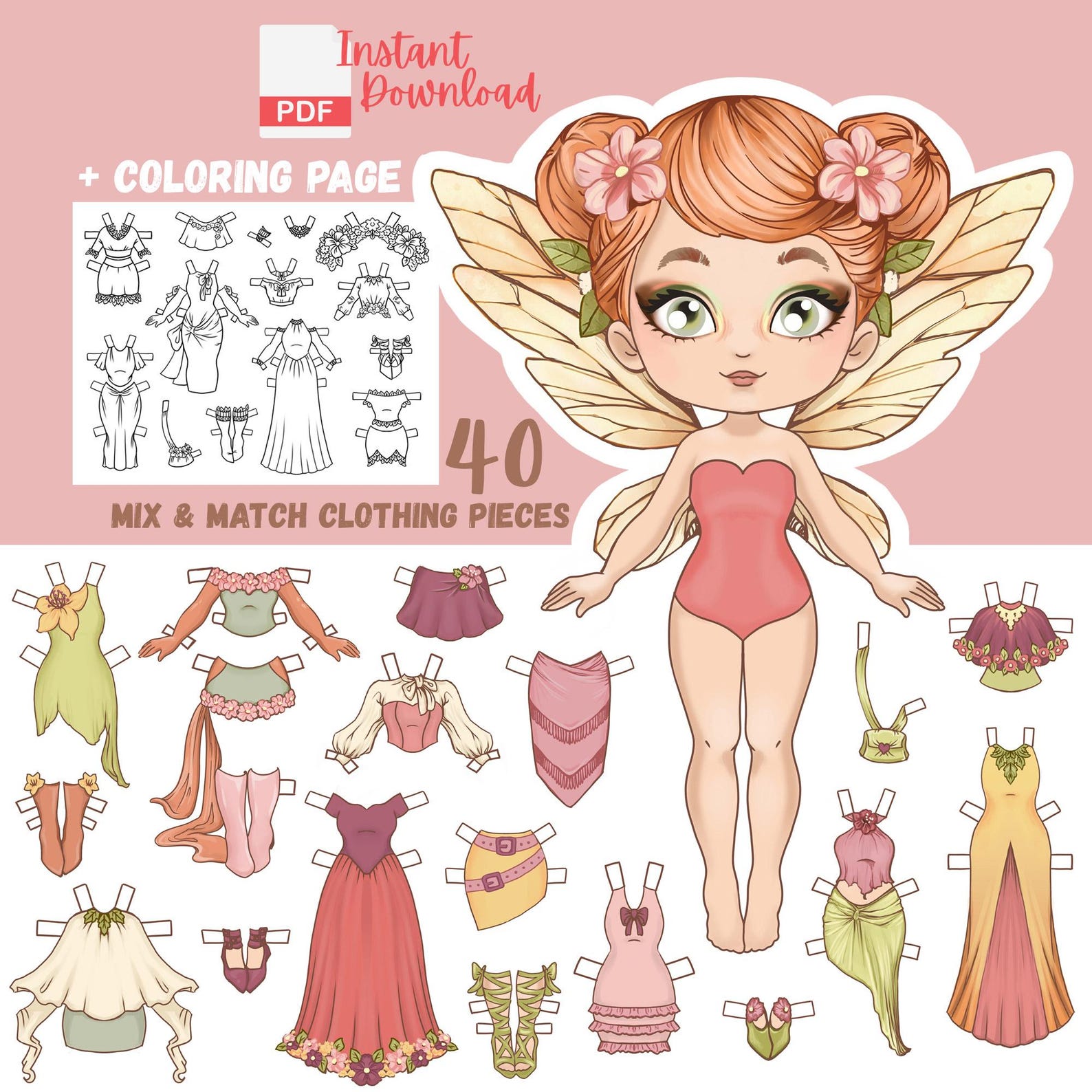 Printable Fairy Paper Doll With 40 Clothing Pieces and Coloring Page ...