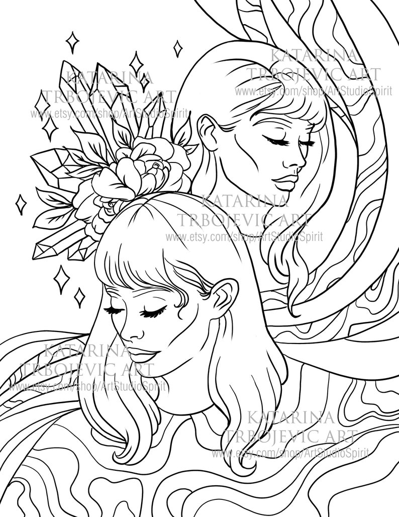 Adult Coloring Page Gemini Women Portraits With Crystals and Etsy