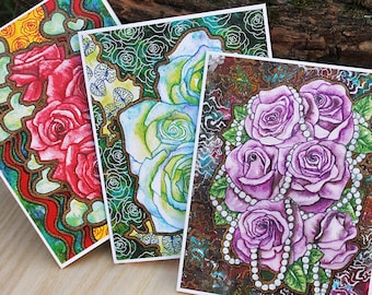 Watercolor Roses Greeting Cards Set, Colorful Floral Folk Art, Red, Purple and Blue Roses, Art Greeting Cards, Set of 3 Blank Cards