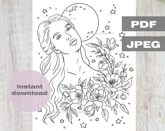 Moon Child Adult Coloring Page, Woman Portrait With Flowers, Printable ...