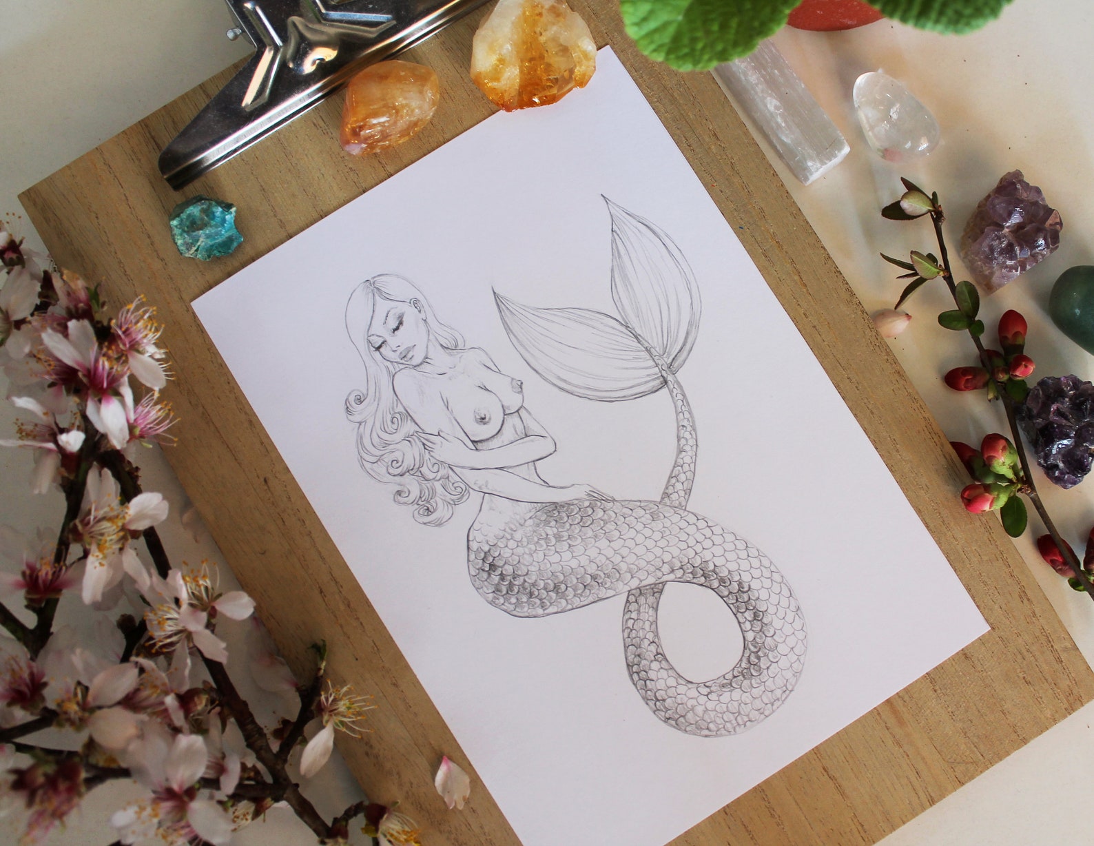 Naked Mermaid Drawing Nude Artwork Original Graphite 