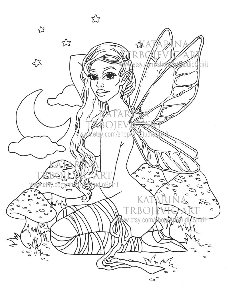 Nude Fairy Adult Coloring Page, Mushrooms, Moon and Stars, Fantasy