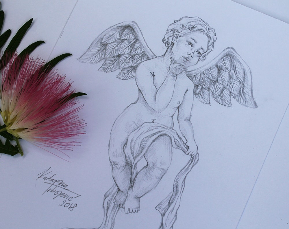Dibujo Del Lapiz Del Angel Del Nino Dibujo Del Lapiz Del Etsy