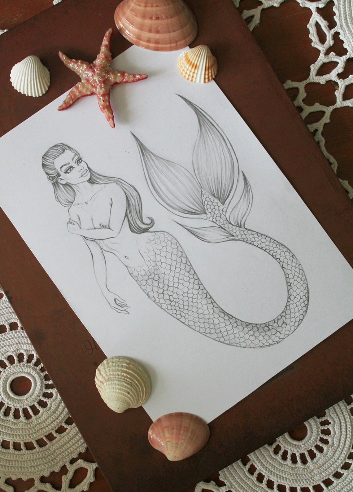 Original Nude Mermaid Pencil Drawing, Fantasy Women Graphite Pencil Art