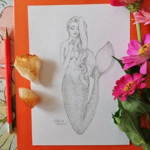 Nude Mermaid Artwork Original Graphite Pencil Drawing - Etsy