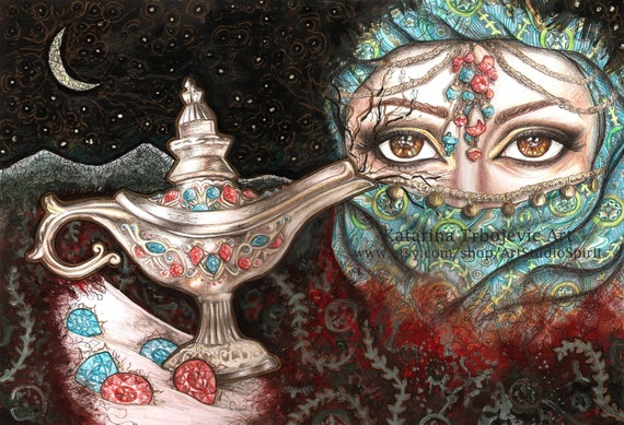 Arabian Nights Art Print, Beautiful Woman Portrait, Starry Night Art, Arabian  Art, Magic Lamp, Desert Fine Art Print, Mysterious Painting - Etsy