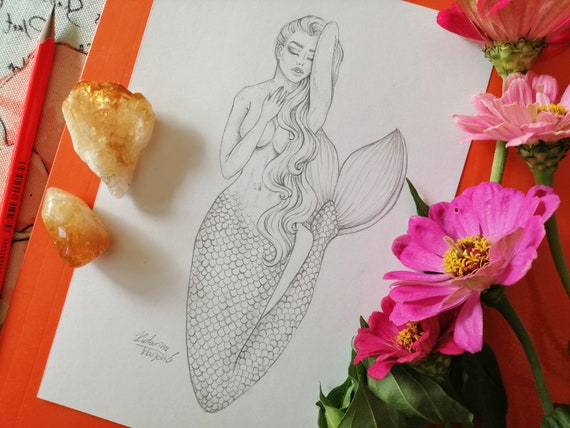 Ilustraciones de sirena desnuda dibujo original de lápiz de - Etsy España