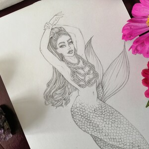 Mermaid Drawing, Original Graphite Pencil Drawing, Naked Woman Art