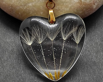 Pusteblume Halskette, Herz Halskette, Löwenzahn Schmuck, Wunsch Halskette machen, echte Blume Halskette