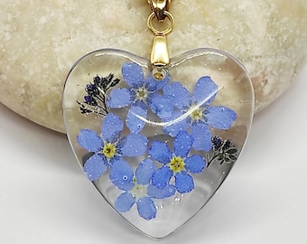Real Forget-Me-Not Heart Necklace: Pressed Flower Resin Pendant