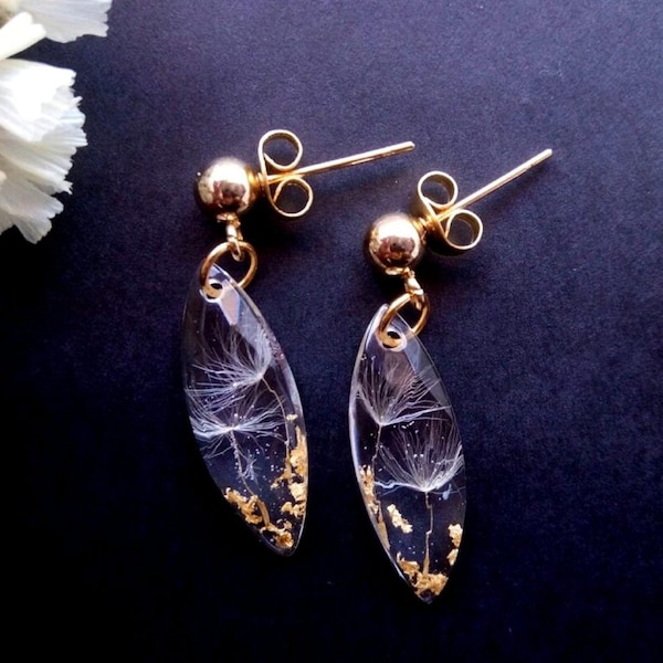 Wish Dandelion Resin Earrings With Gold Flakes