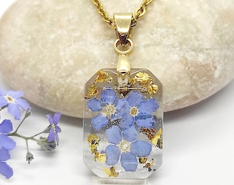 Collier fleurs pressées, collier en résine myosotis, cadeau pour les amoureux des plantes