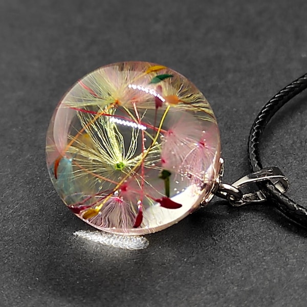 Collier arc-en-ciel, pendentif pissenlit, collier sphère à souhaits, bijoux en vraies fleurs, bijoux en résine, cadeau pour elle