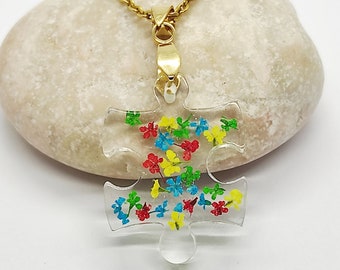 Autism Awareness Necklace: Pressed Flower Puzzle Piece Pendant